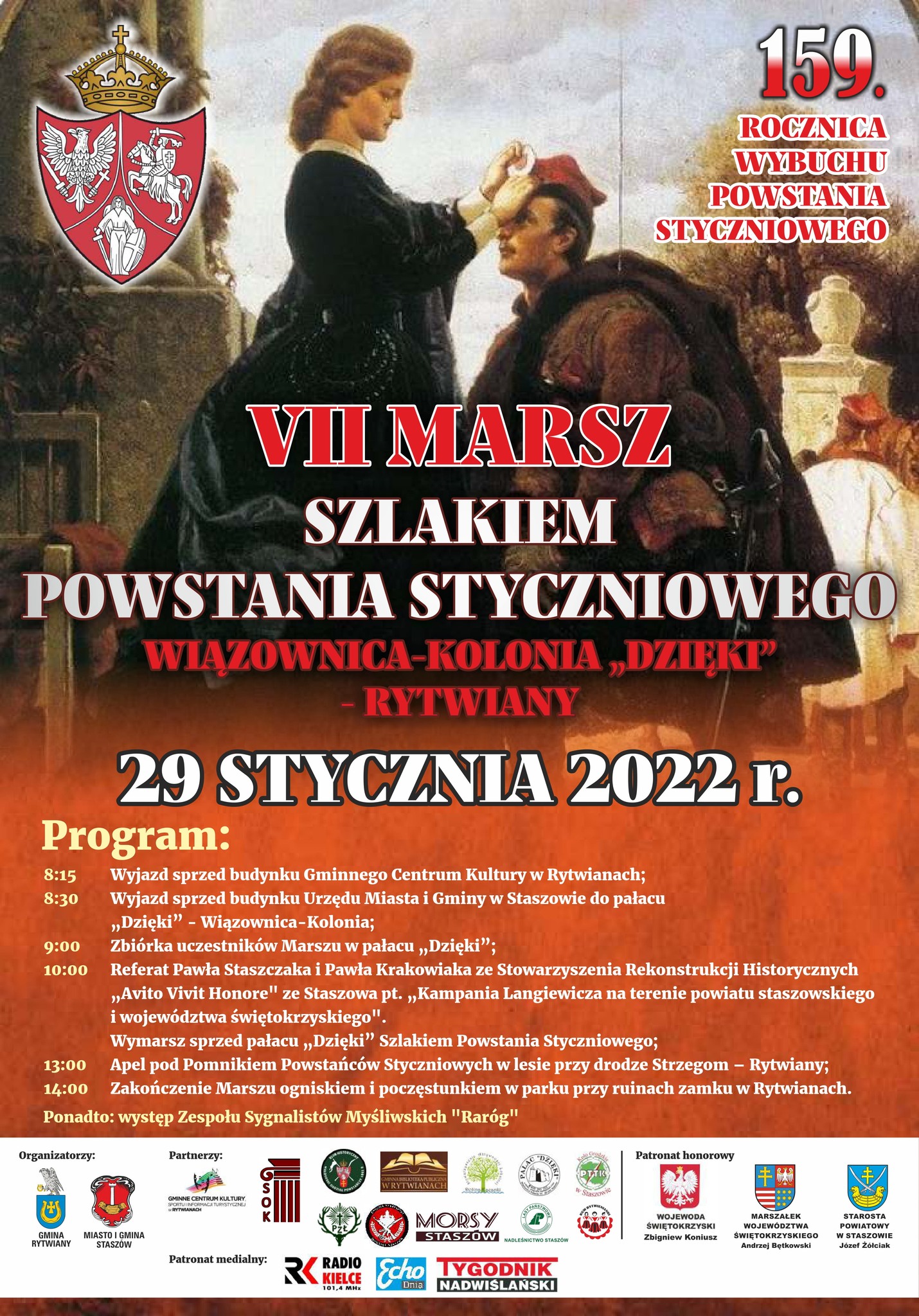 Plakat informacyjny: VII Marsz Szlakiem Powstania Styczniowego - 29 stycznia 2022 r., Wiązownica-Kolonia „Dzięki” - Rytwiany.