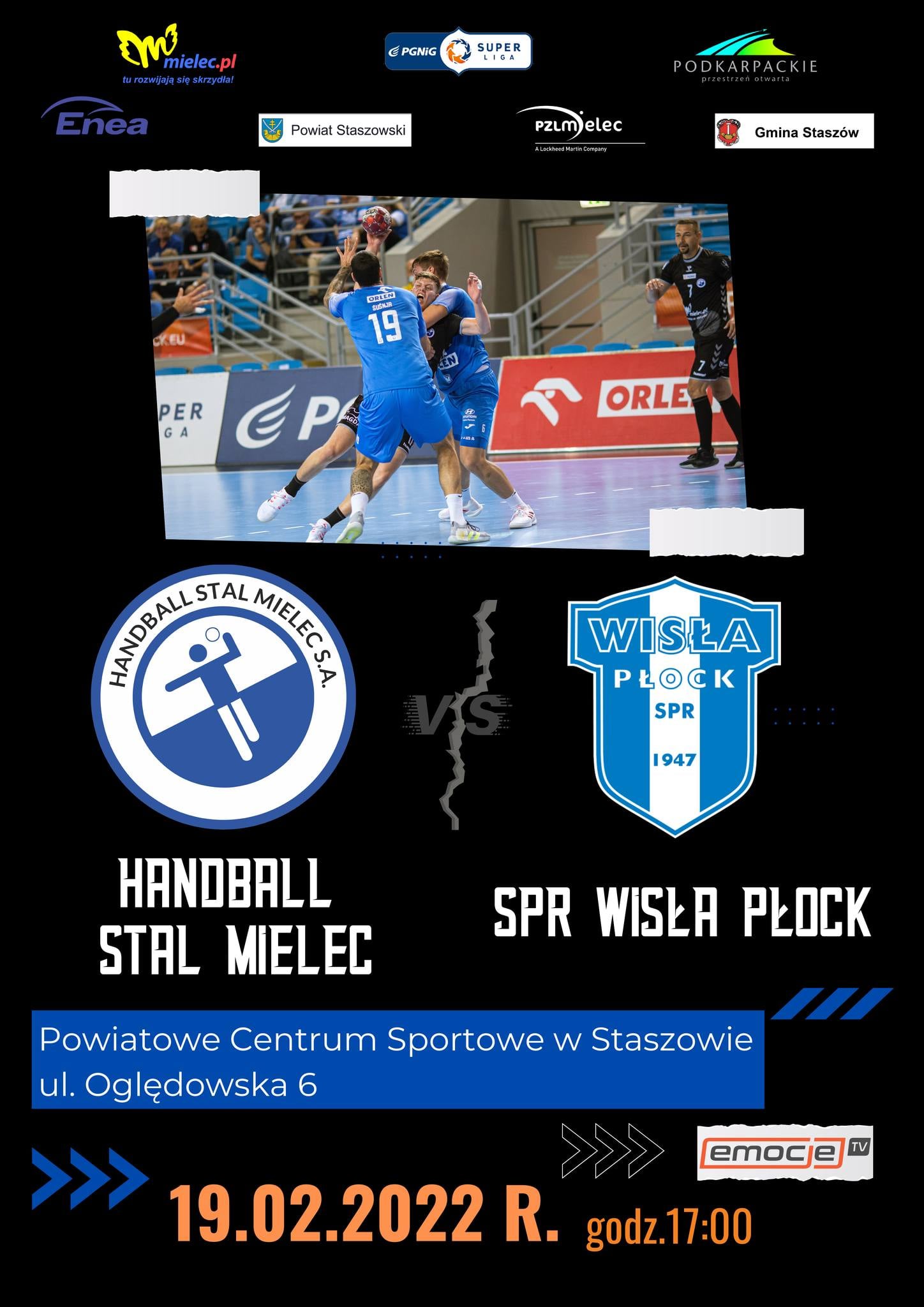 Plakat informacyjny: Mecz piłki ręcznej PGNiG Handball Stal Mielec – SPR Wisła Płock. 19.02.2022 r.,  godz. 17:00, Powiatowe Centrum Sportowe w Staszowie. Wstęp wolny.